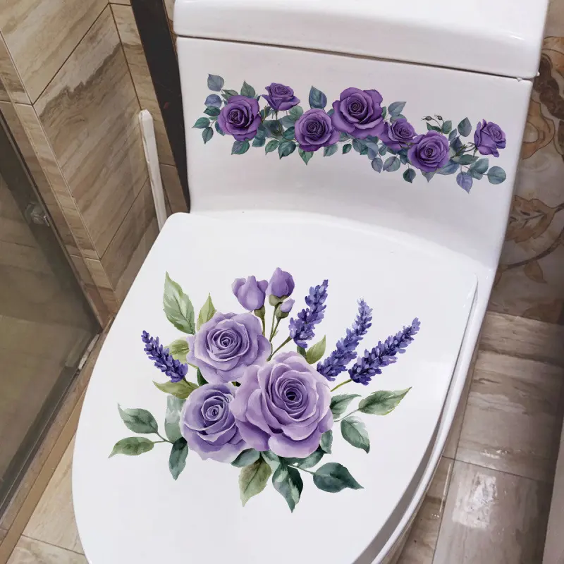 Aesthetic Romantic Purple Rose & Lavender Toilet Sticker - Cute Waterproof Self-Adhesive Bathroom Decor Decal, Vibrant Floral Restroom Art, Removable Wall Accent, Perfect for Toilet Lid Makeover, Interior Upgrade & Housewarming Gift