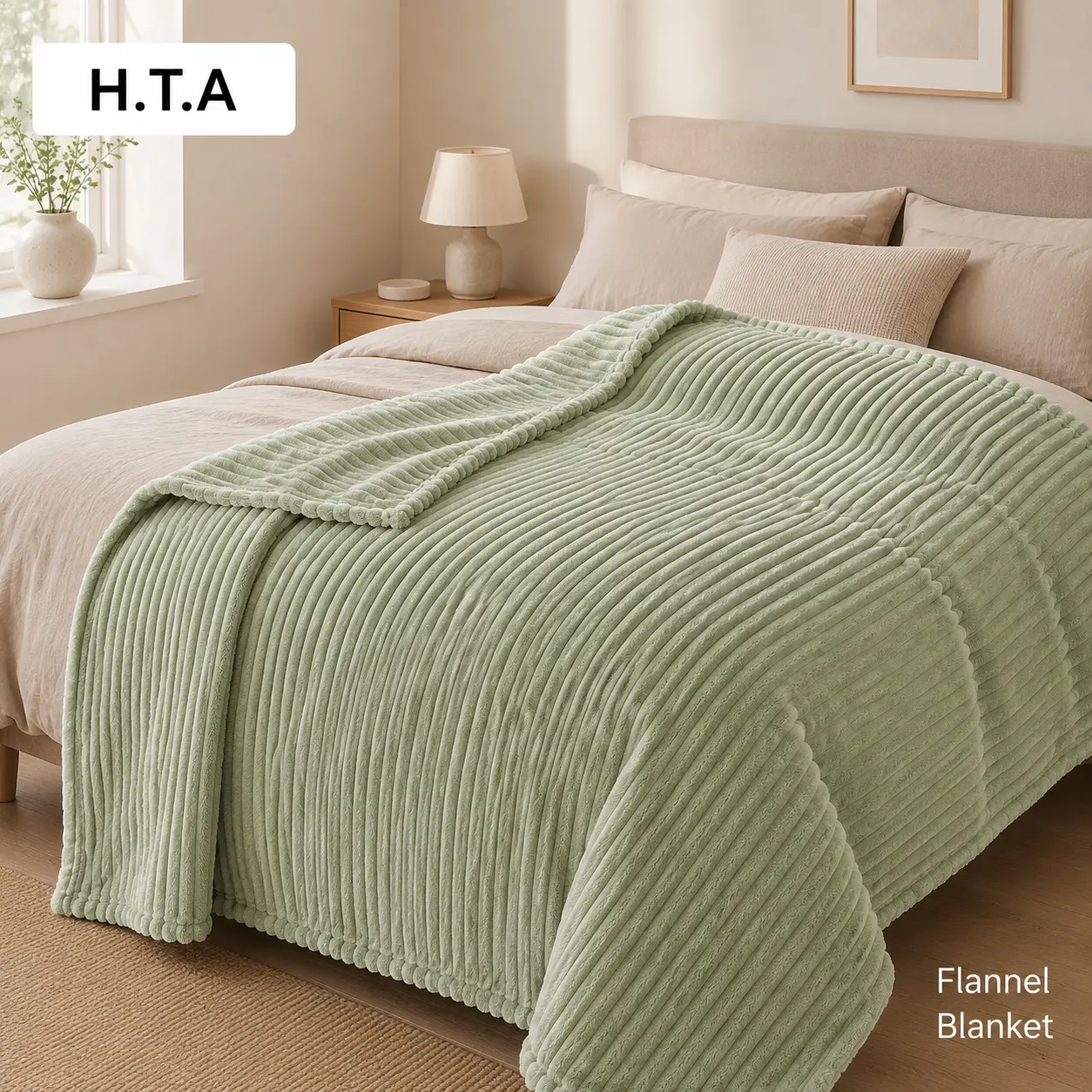 HTA Classic Plush Flannel Bed Sofa Blanket - Twin Size, Lightweight, Breathable for Spring/Summer, Soft Cozy Throw, Durable, Ideal Holiday Gift for Adults, Suitable for Guests