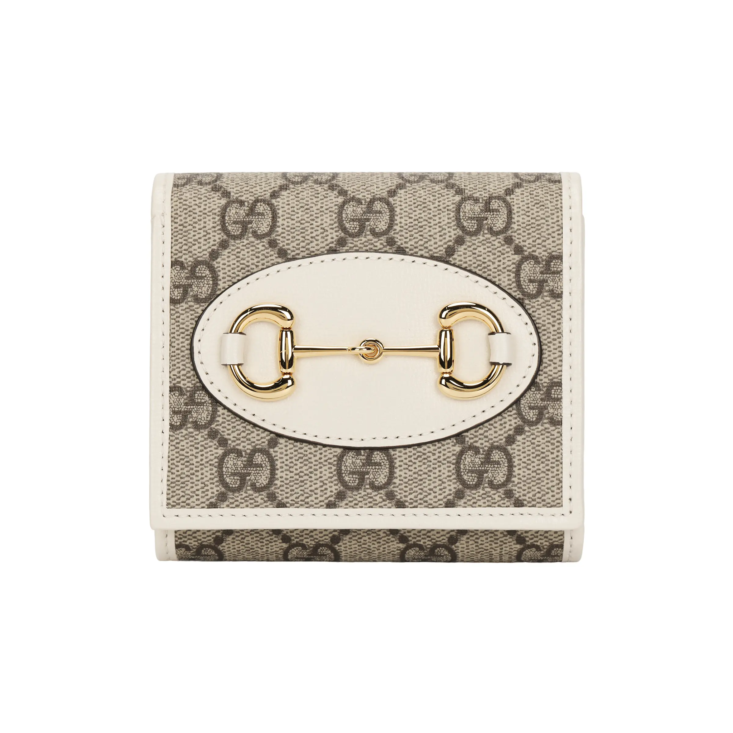 Gucci 1955 Horsebit Vintage Gold-Trimmed Canvas and Leather Flap Wallet for Women in Ebony and White
