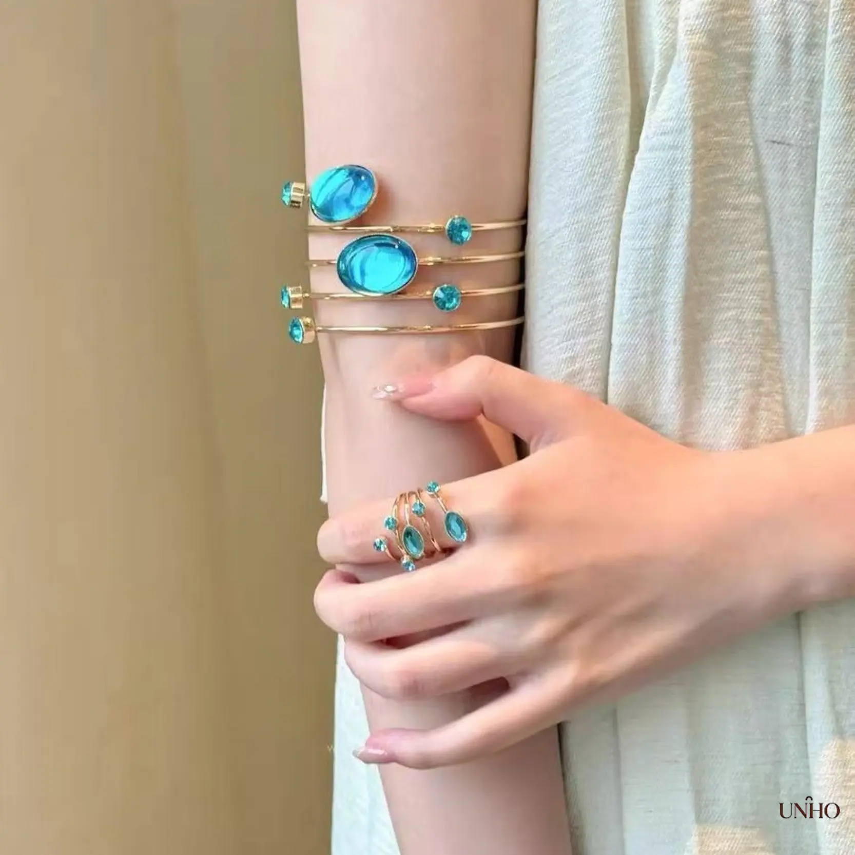 European American Multi-Layer Spiral Open Bracelet Ring Set, Fashion Wide Band Wrap Bangle Elegant Statement Jewelry For Women