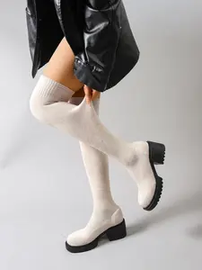 New Fall Winter Elastic Knit Over-The-Knee Boots, Thick Sole Round Toe Ankle Booties, Fashionable Textile Rubber Soles