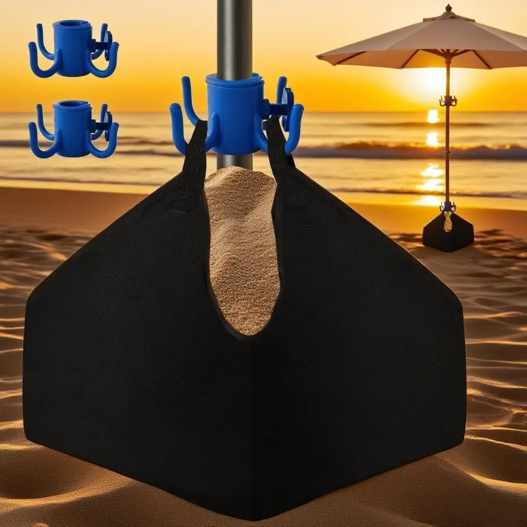 Fillable Weights Sand Bags+2 Pcs Umbrella Hanging Hook -Portable Beach Umbrella Sand Bags&Base Weight|Heavy Duty 600D Oxford Cloth Parasol Sand Storage Bag for Outdoor Garden Beach