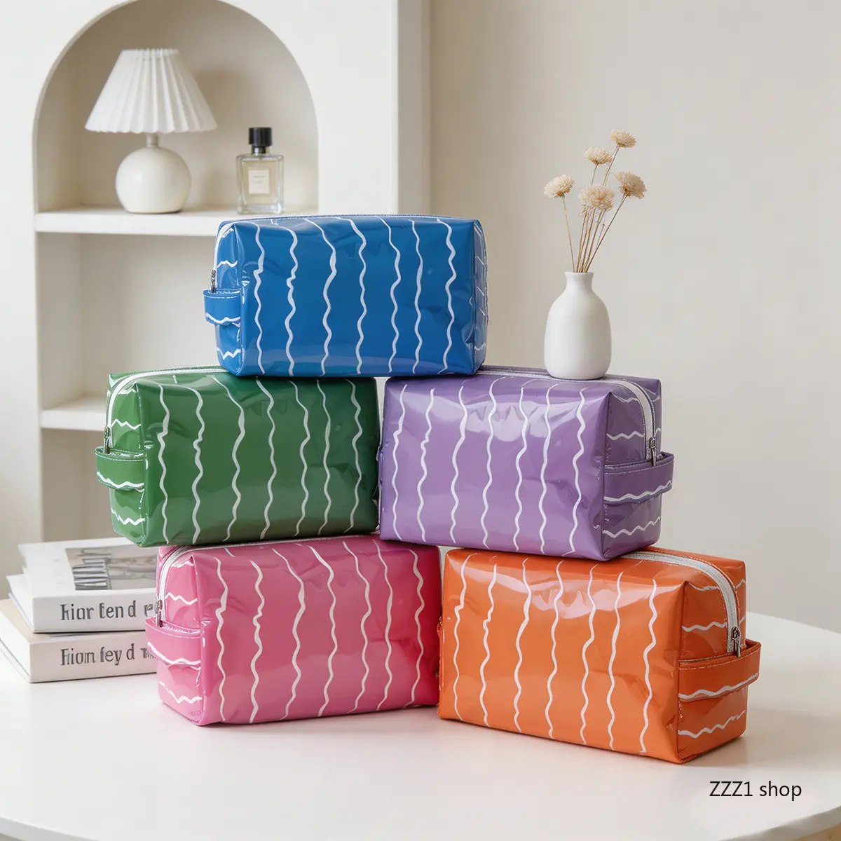 2026 Wavy Textured PVC Makeup Bag - Glossy Waterproof Cosmetic Storage Pouch with Zipper Closure, Large Capacity Lightweight Portable Toiletry Organizer, Trending Sports & Outdoor Camping Travel Accessory, Glossy Finish