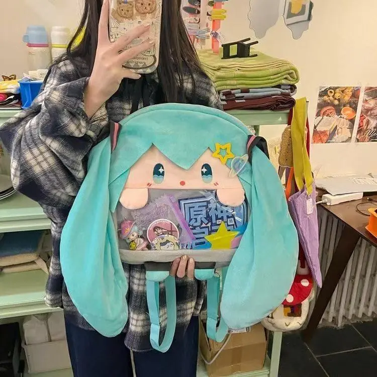 Hatsune Miku Character-Inspired Backpack, Chic Japanese Ins-Style Modest Cow Hide Bag, Anti-Theft Large Capacity for Back to School Hauls, Animated Character Element Student Pain Bag