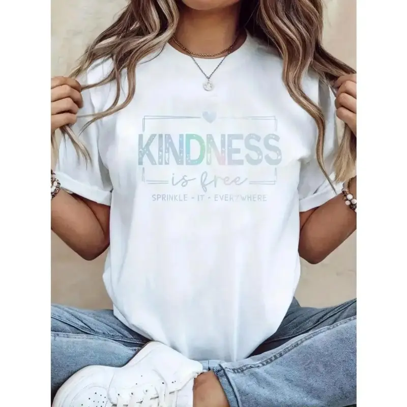 Vintage Print Crew Neck Short Sleeve Tee. Slogan: "Kindness Is Free, Spread It Everywhere". Ideal for daily casual wear, a thoughtful gift for ladies, moms and yourself.