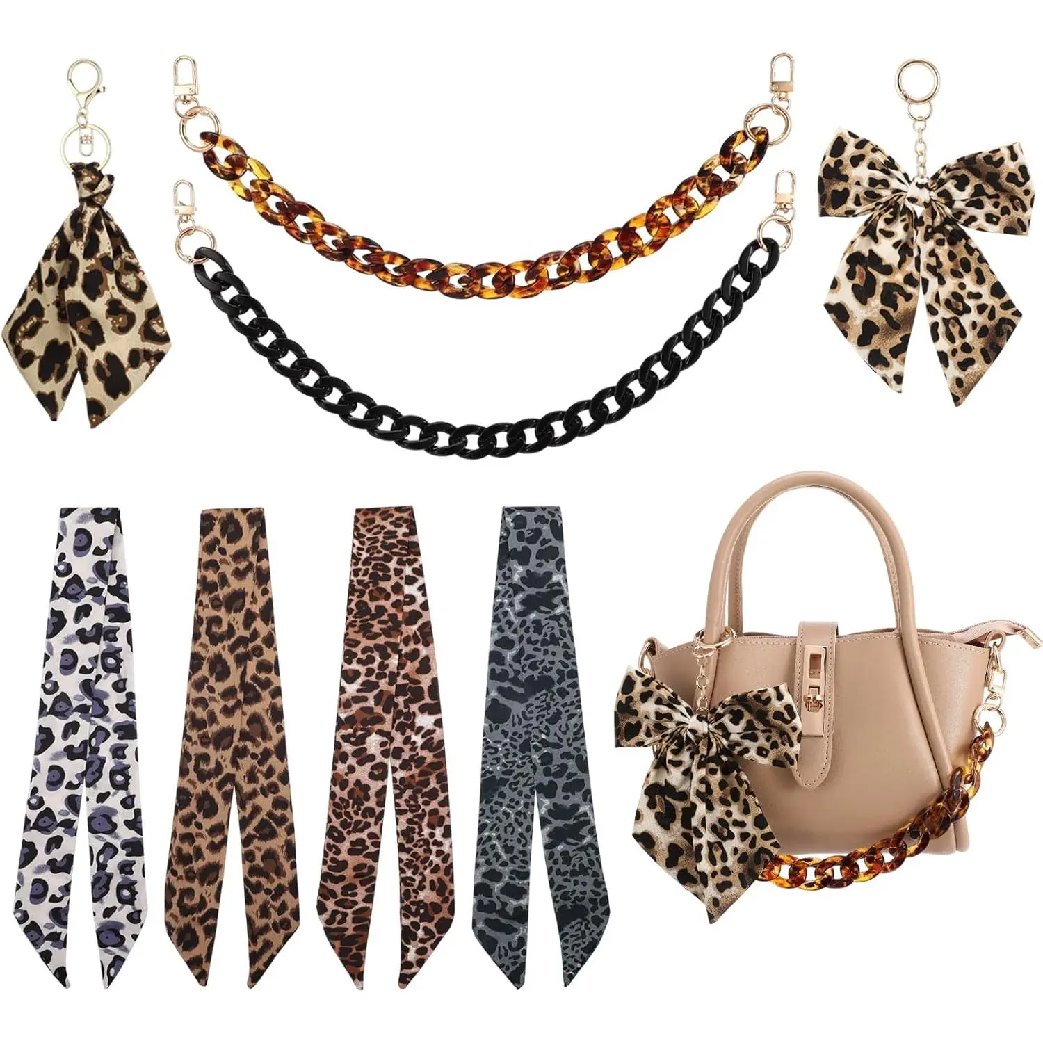 8 Pack Bag Charms Include Leopard Print Theme Scarf Purse Chain with Keychain, Purse Charm Accessories for Women Handbags Shoulder Crossbody Bags