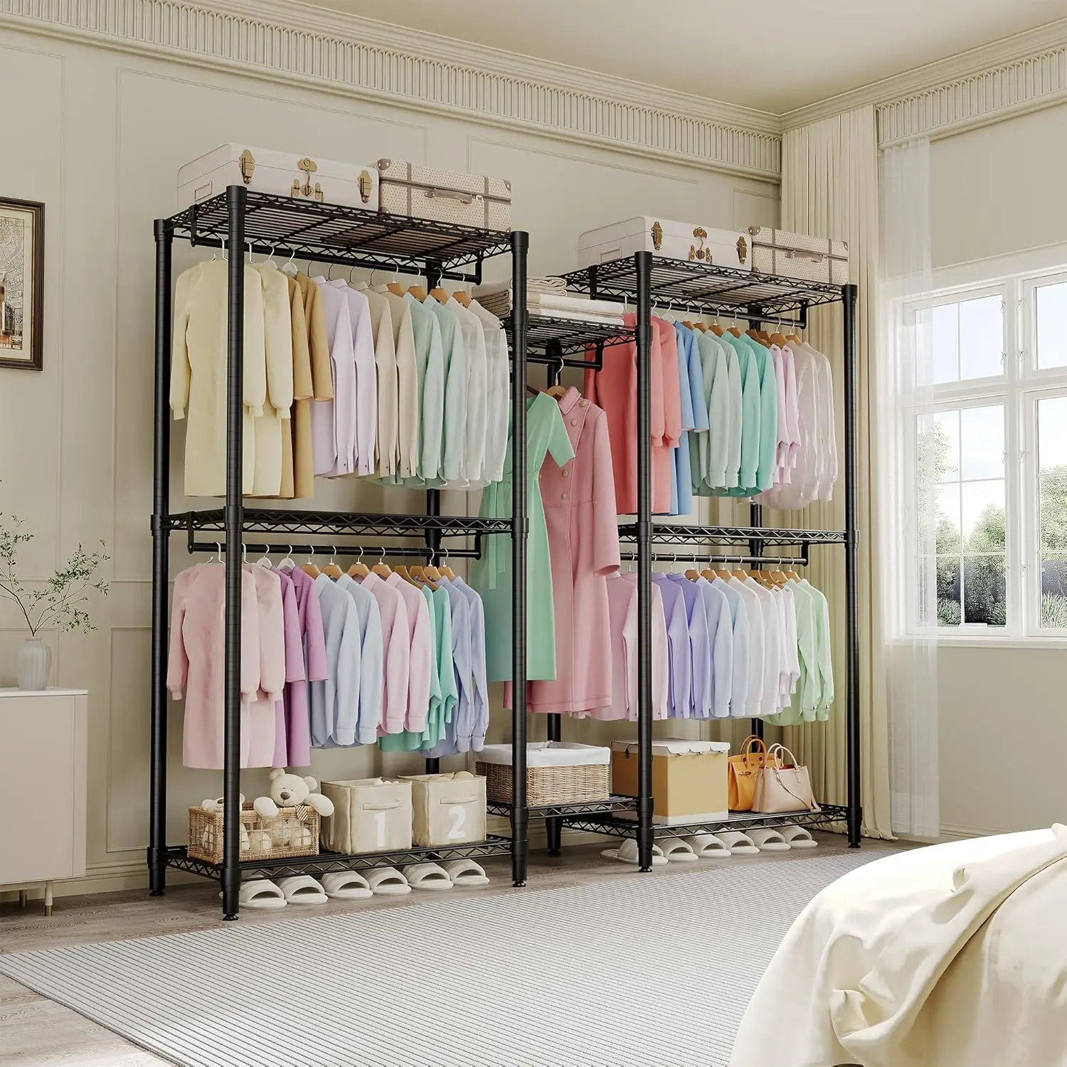 GAOMON Heavy Duty Freestanding Clothes Rack – Adjustable Shelves & Hanging Rods – Rust-Resistant Portable Closet Organizer – Max 1631 lbs Capacity – Ideal for Bedroom & Entryway – Black