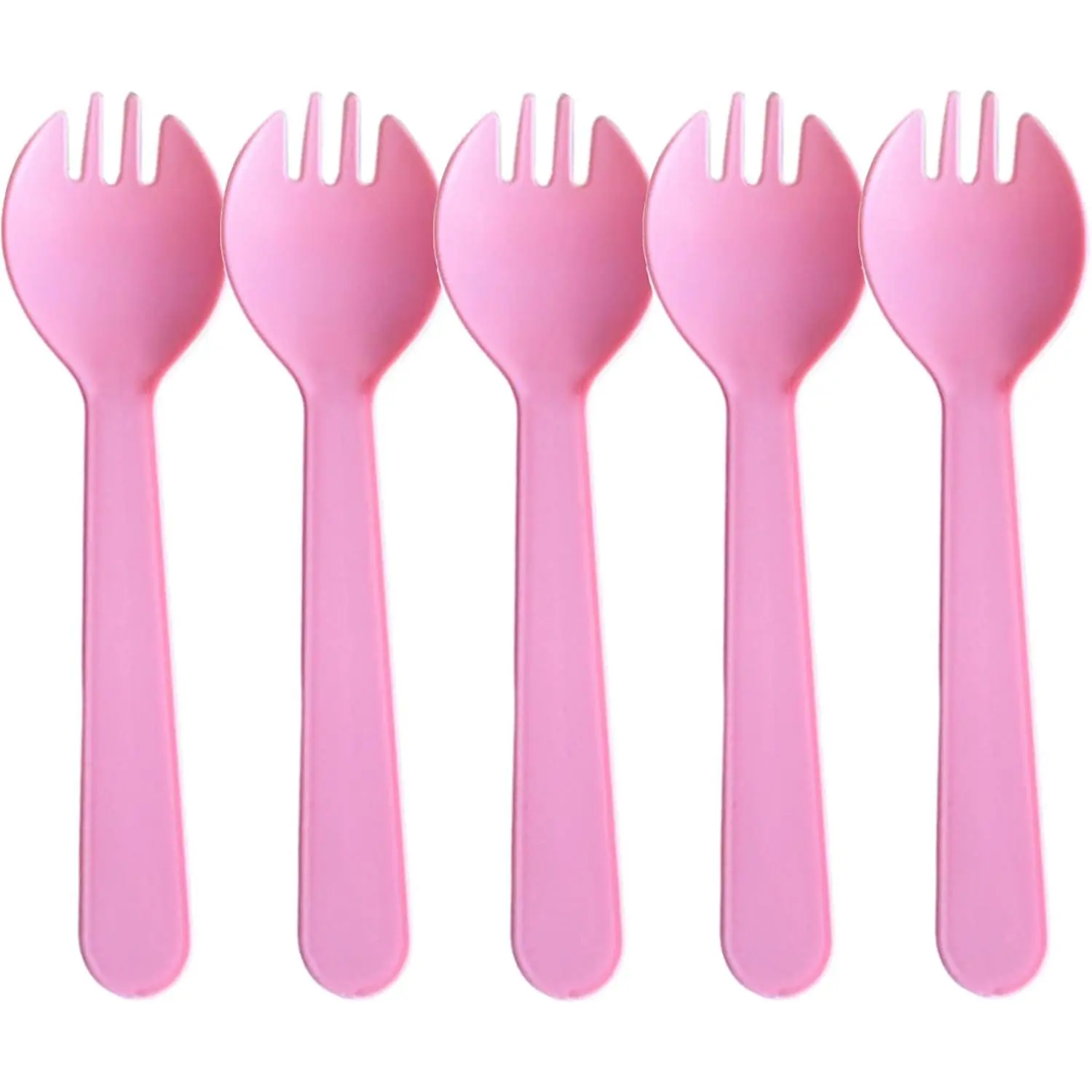 100PCS 4.2 Inch Pink Mini Disposable Plastic Spoons & Sporks Individually Wrapped for Ice Cream Cake Desserts Yogurt Fruit Salad
