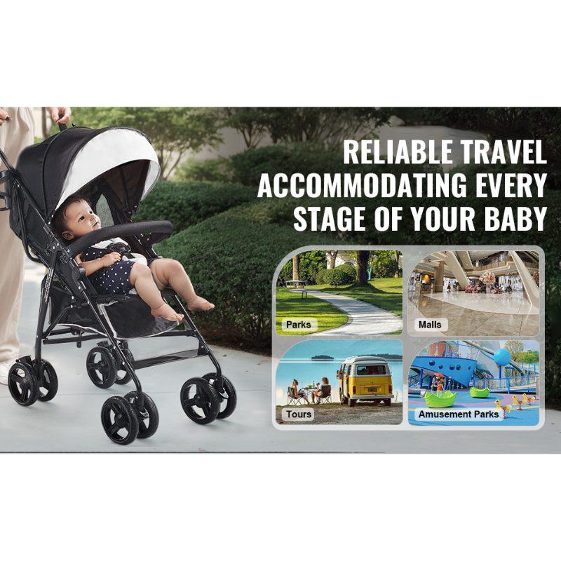 VEVOR Lightweight Stroller, Compact Easy Fold MultiPosition Recline Canopy Backrest, Carbon Steel Frame, Large Storage Basket, Umbrella Toddler Baby Stroller for Travel and More, Black/White