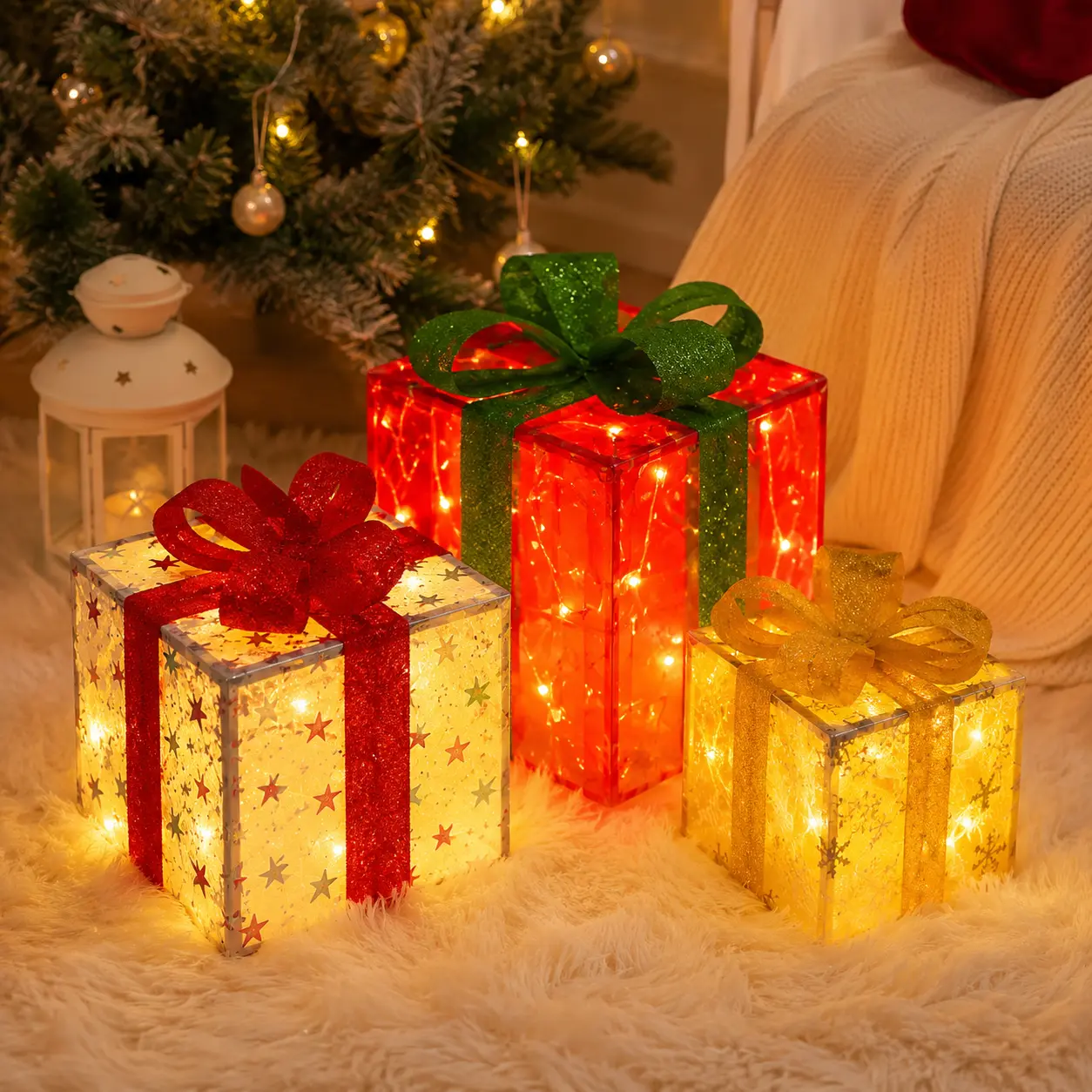 3-Piece Lighted Christmas Gift Box Decor Set, Prelit Holiday Present Boxes with Warm LED Lights, Glitter Ribbon Bows & Festive Printed Panels, Indoor Xmas Floor Tabletop Decorations for Tree, Mantel, Living Room, Party, Gift