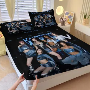 KYSME Kpop Girl Group Fitted Sheet Set, 1 Fitted Sheet + 2 Pillowcases, Deep Pocket Non-Slip Mattress Protector, Soft Breathable All Season Bedding, Black Background Idol Star Print Bedding For Kpop Fans Teen Bedroom Decor