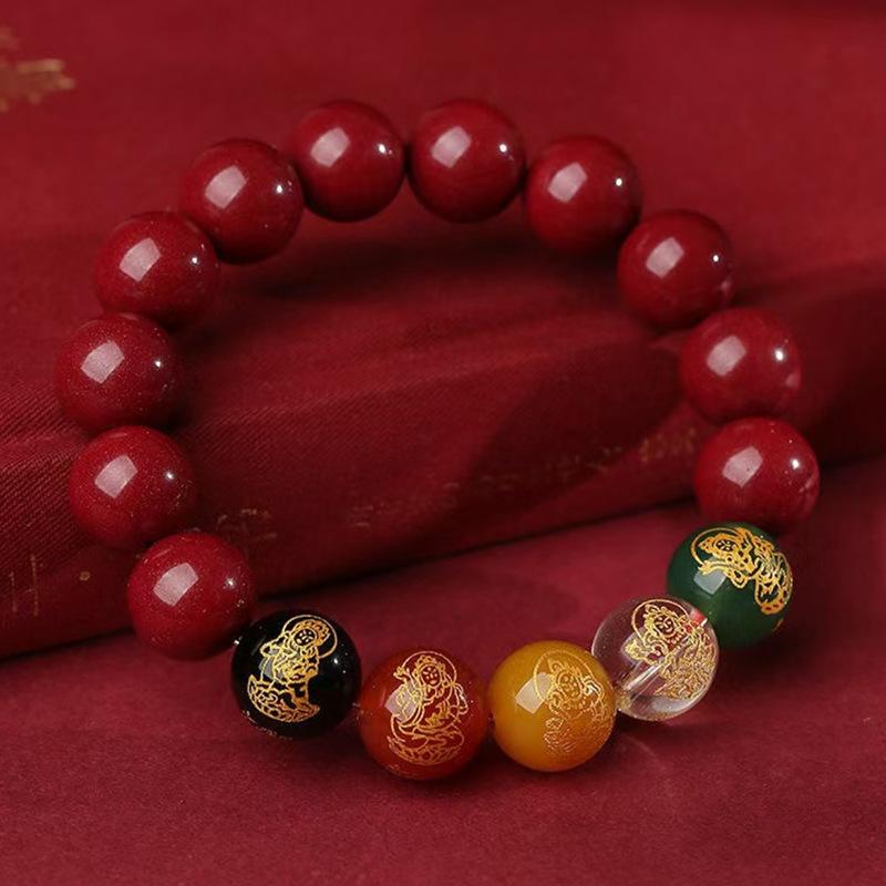 5-Paths Wealth God Cinnabar Bracelet - Natural Mercury Ore Beads, Crystal Accents, Luck Attraction, Birth Year Protection for Adults, Males, Daily Use, Birthday Gift (Fengshui Home Decor Ornament), Five Deities