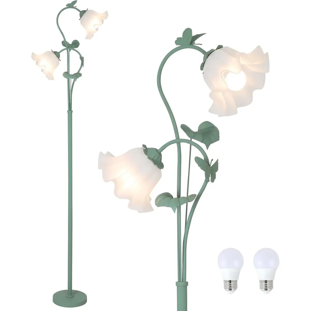 Green Metal Lily of The Valley Floral Floor Lamp 16.7x16.7x65.3 Inch White Acrylic Flower Shade Foot Switch Stable Base 2PCS 5W LED Bulbs Vintage Standing Corner Light for Living Room Bedroom Office