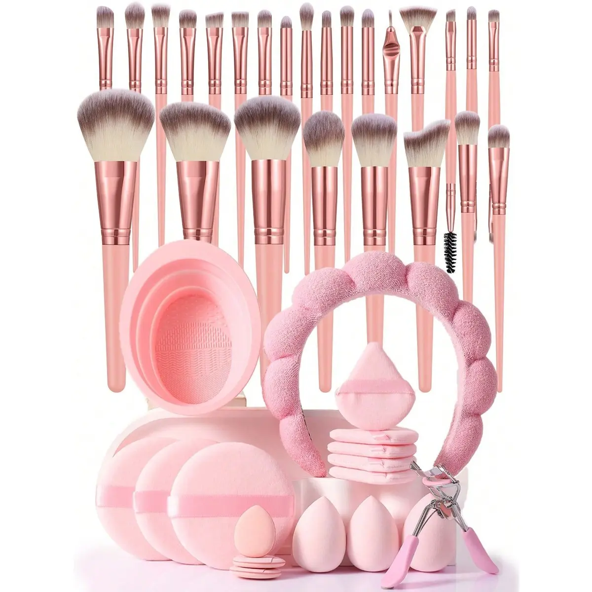 42-Piece Makeup Tool Set, Cosmetics Brushes Set, Includes 25 Brushes, Brush Cleaner, Headband, Foundation Pads, Sponge, Eyelash Curler, Essential Beauty Kit, Beauty Tools Set