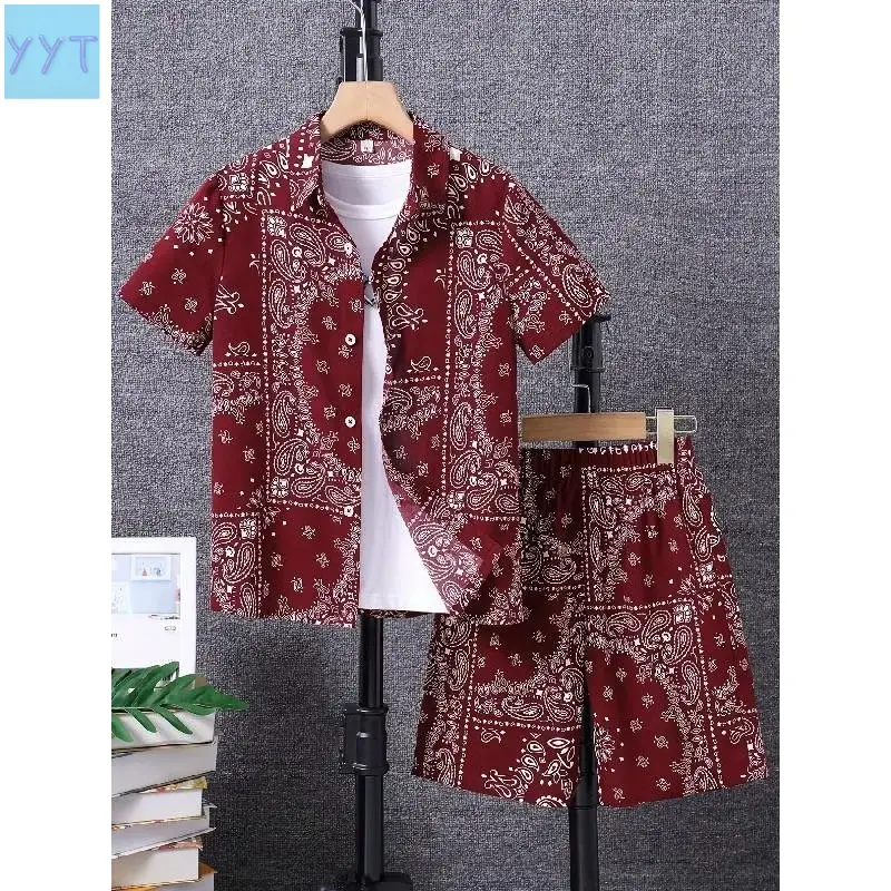 Boys' 2-Piece Polyester Casual Nutshell Random Print Short Sleeve Shirt & Shorts Set - Loose Fit, Slight Stretch, Applique, Outdoor Wear, Casual Wear