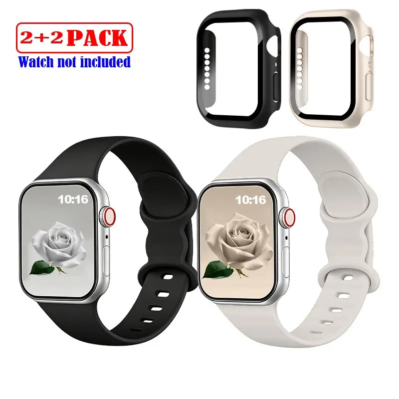 2 Pack Watch Bands + Protective Tempered Glass Cases for Apple Watch 40-46mm, Replacement Straps for Iwatch Series 11-Se, Men & Women, Check Size First