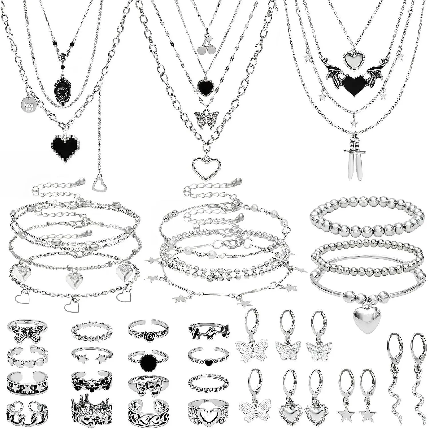 45 Pieces Silver Jewelry Set for Women Party Costume Punk Jewelry Set Goth Grunge Y2k Accessories Vintage Gothic Necklaces Bracelets Earrings Rings for Women MenGift.
