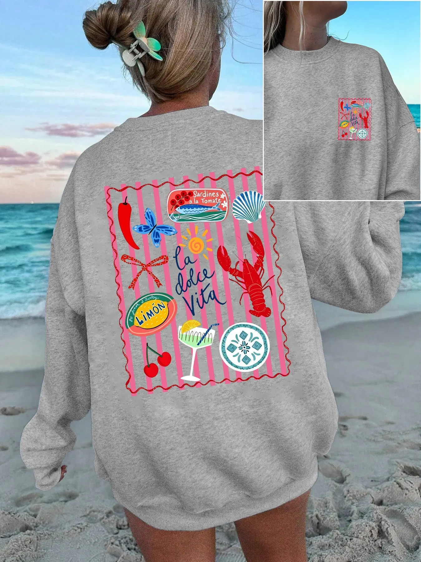 Women's Casual Beach Sweatshirt, Lobster Pattern Print, Loose-Fit Round Neck Long Sleeve Top, Comfortable Fashion for Vacation Style, Casual Pullover Tops