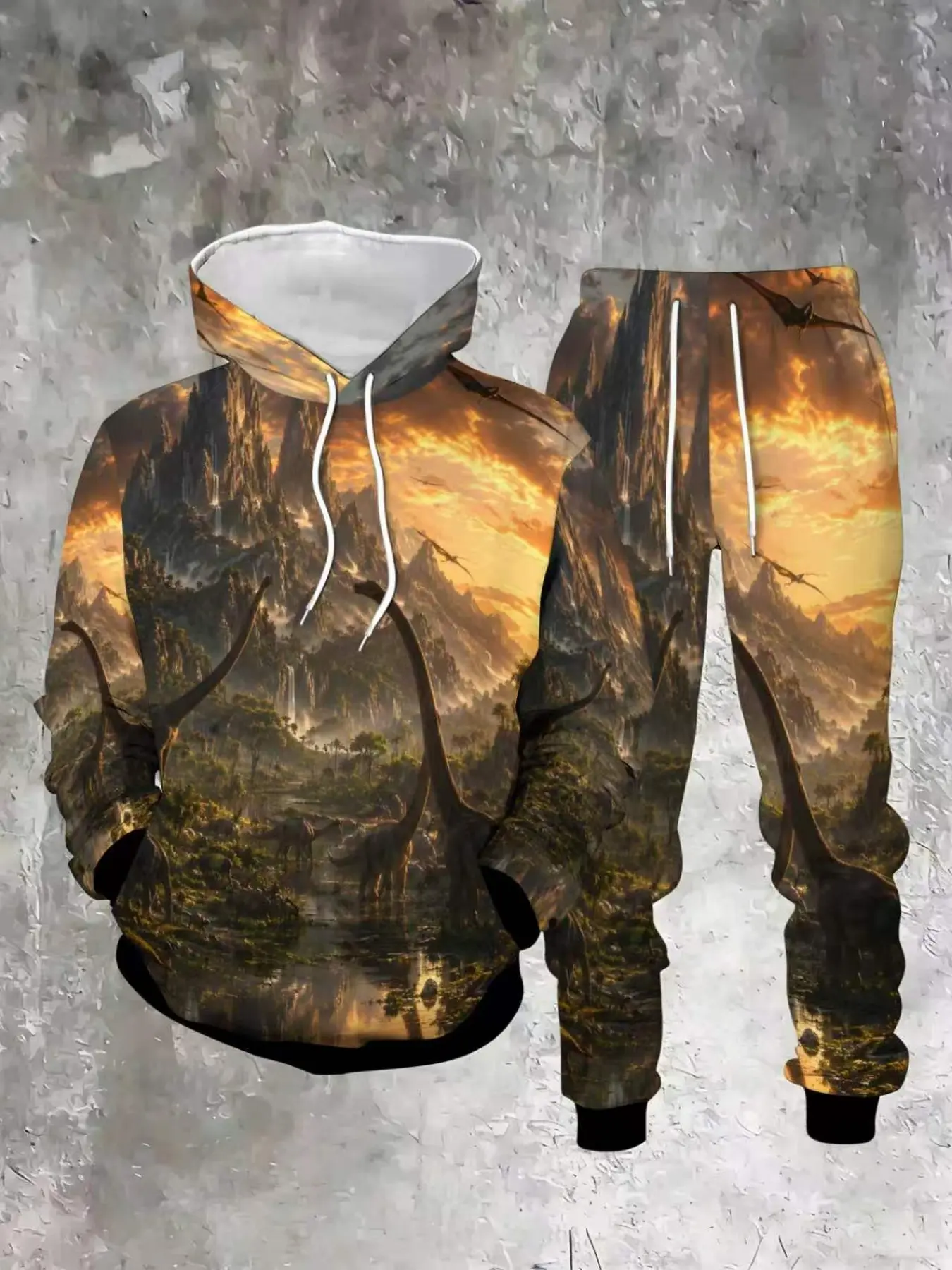 Men's Hooded Sweatshirt Set, Prehistoric Dinosaur Pterosaur Sunset 3D Print, Drawstring Ankle Pants, Outdoor Casual Wear