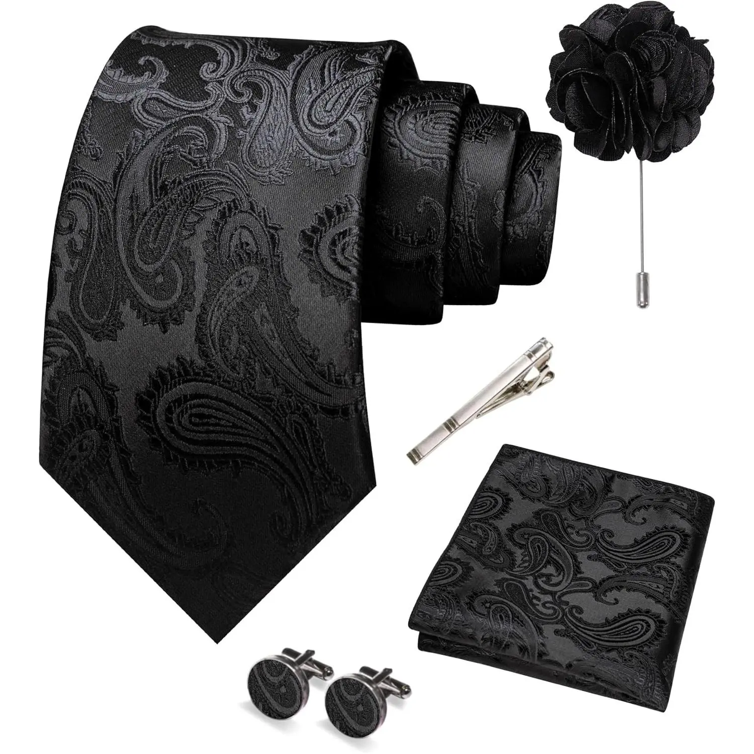 Men's Paisley Tie and Pocket Square Set with Lapel Pin, Cufflinks, Tie Clip and Gift Box, 5PCSGift
