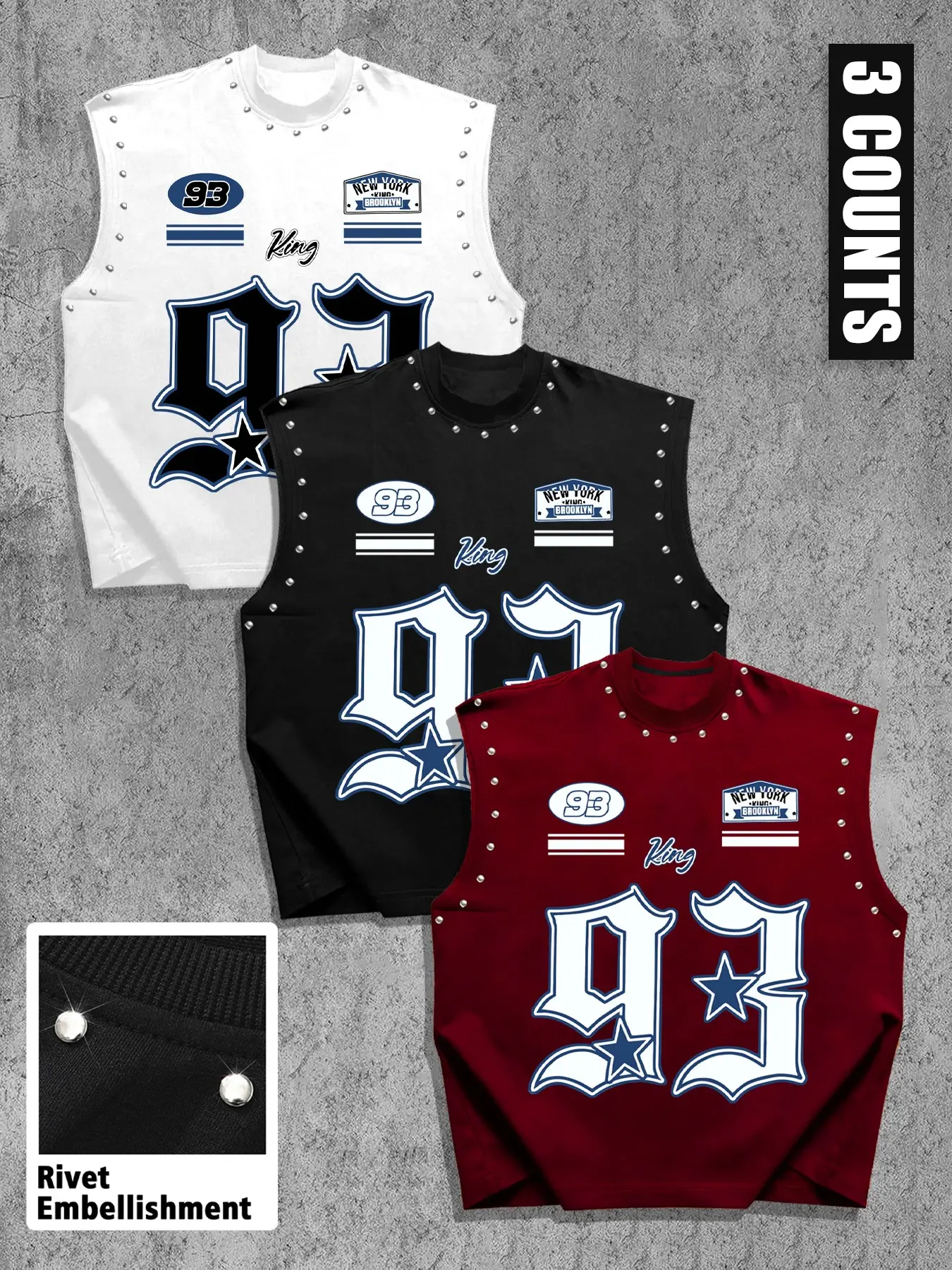 Men's Summer Casual Tank Top 3-Pack, Number 93 Print Sleeveless Shirt, Loose Fit Versatile Style, Eye-Catching Streetwear