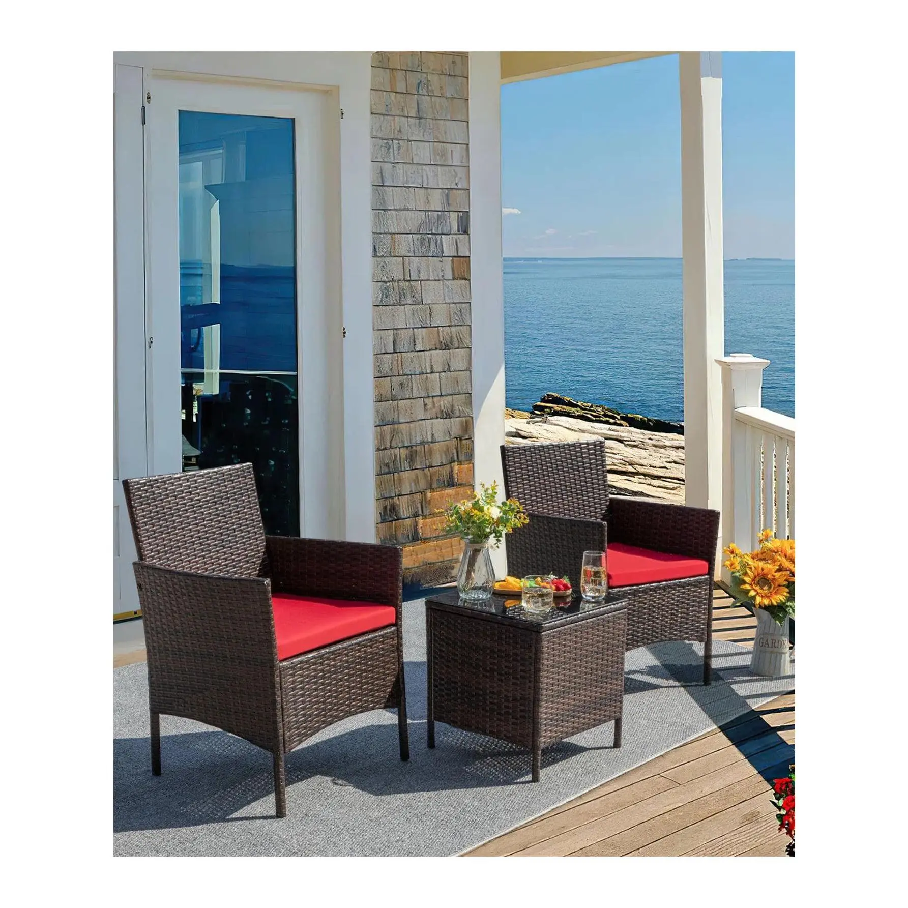 Furmax UV-Resistant PE Wicker 2-Person Outdoor Patio Set - 2 Cushioned Chairs, Easy-Assemble, Balcony & Poolside Use for All Seasons