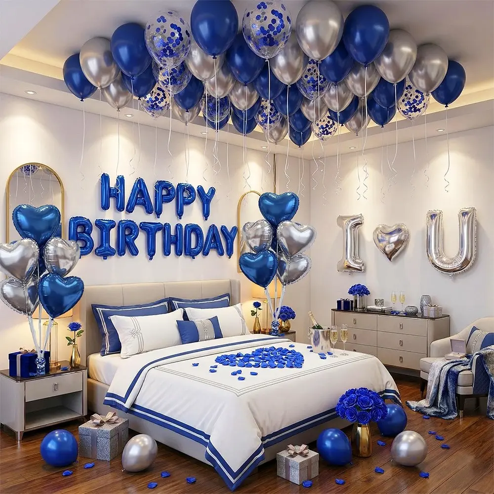 Romantic Birthday Decorations for Him, I Love You & Happy Birthday Foil Balloons, Balloon Set, Artificial Rose Petals, Anniversary Surprise Decor for Husband Boyfriend, Bedroom & Hotel Room Decoration