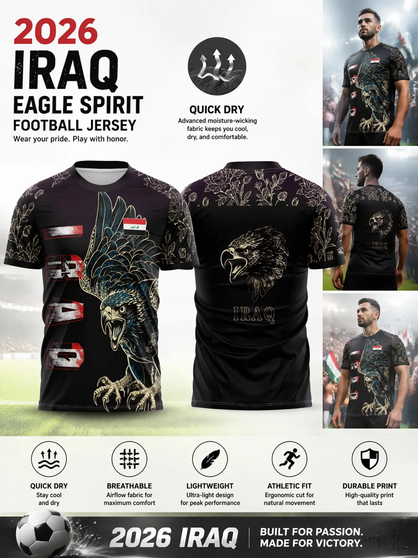 2026 Iraq Golden Eagle Soccer T-Shirt, Floral Sleeve, Lightweight Breathable Fabric, Gold Print, Slim Fit, Sporty Style, Long Jersey Top, Short Sleeve Jersey