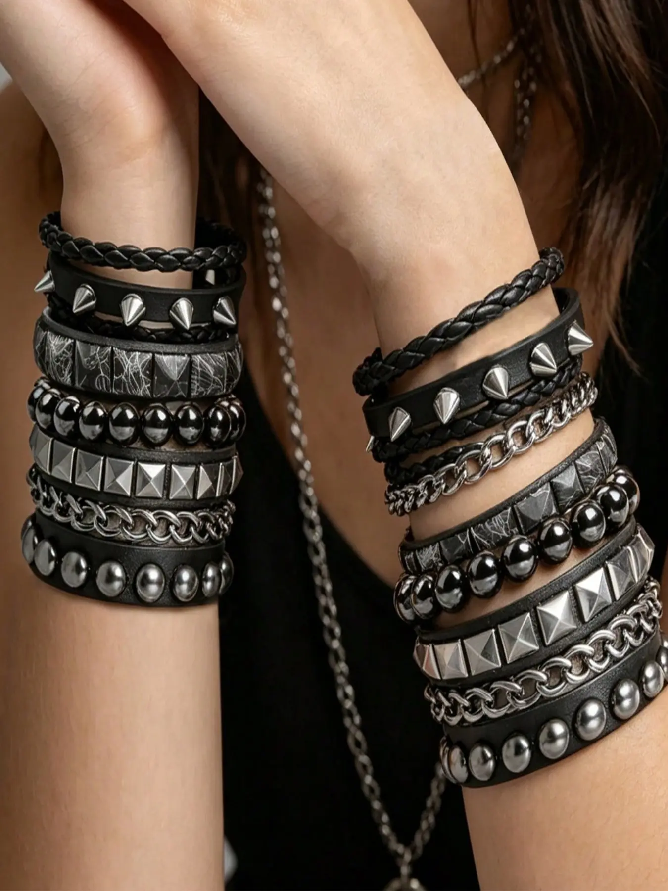 Stackable Punk Leather Bracelet Set, Stacked bracelets, Adjustable Strap Bracelets, Mixed Design with Braided Strap, Cone Spikes, Round Beads, Metal Chains & Dome Rivets, Gothic Biker Wristbands, Unisex Y2K Jewelry Set for Halloween, Rock Concert