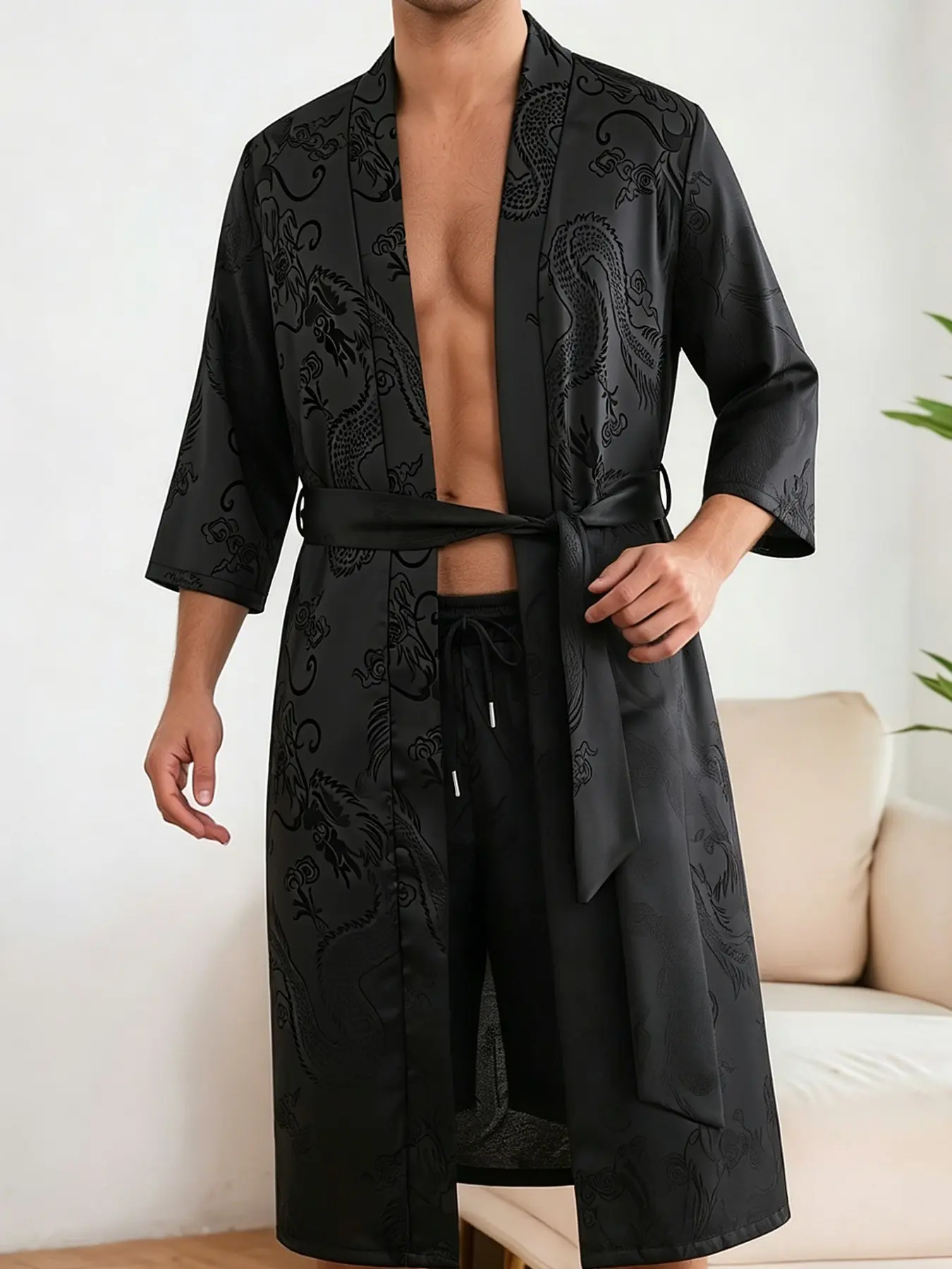 Men's Black Dark Dragon Pattern Satin Kimono Two-Piece Set, Seven-Foot Sleeve Wrap-Up Tie-Up Loungewear Bathrobe, Elastic Drawstring Casual Shorts Set, Silky Home Comfort Wear, Beach Resort Travel Outfit for Daily Shopping and Outdoor Wear