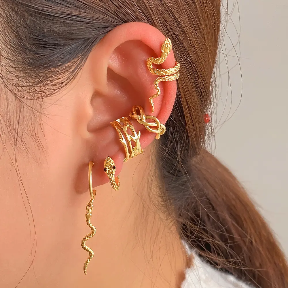 Female 5Pcs Nylon Gold-Plated Snake Hoop Earrings Pack - Medusa Head Huggies, Braided Wire Conch Cuff, Halloween Streetwear Jewelry Gift, For Her, Snake Motif, Fashion, Funky Unique Accessories, Other, Fashion Earring, Huggie Hoops