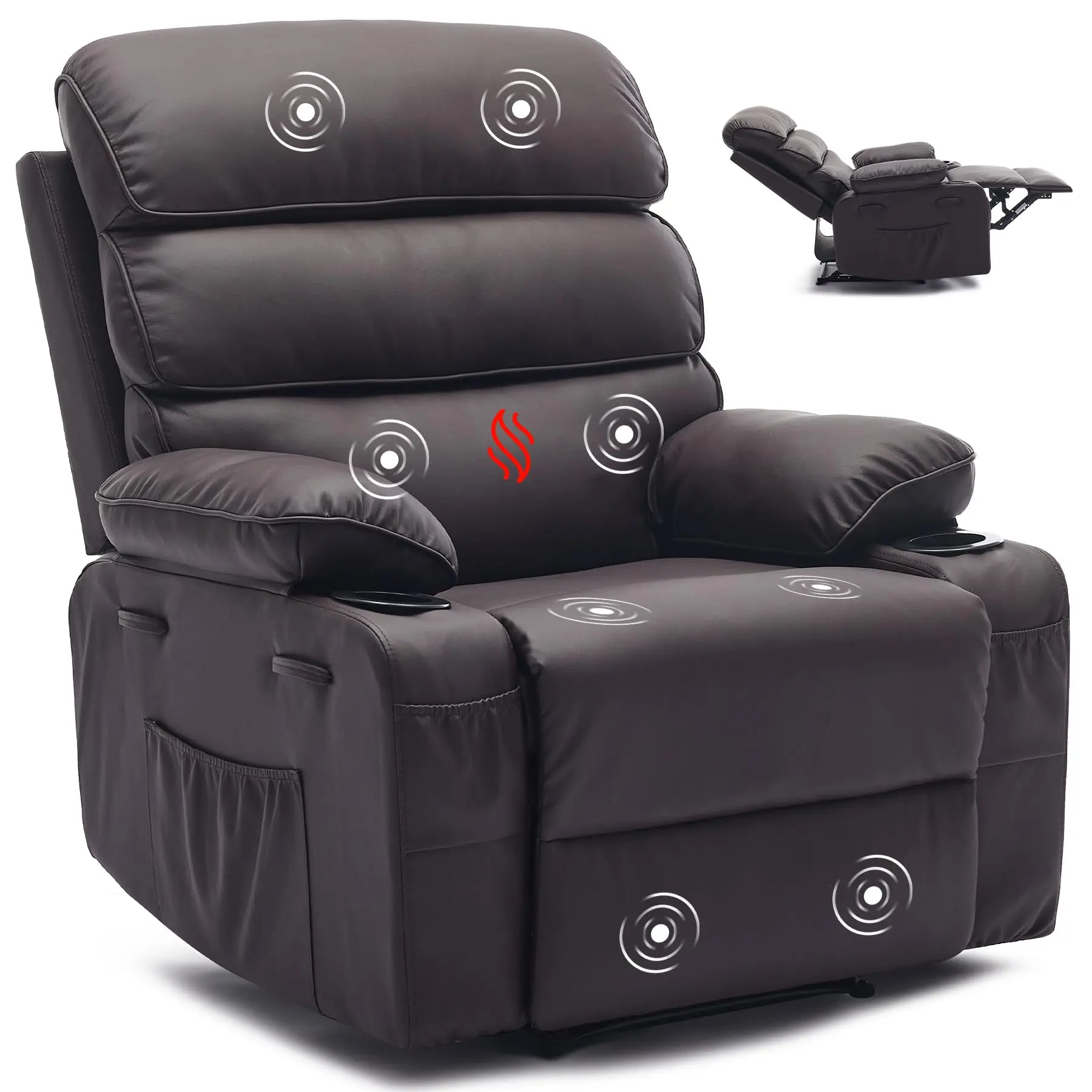 PU Leather Recliner Chair with Heat & 8-Point Massage – Extra Wide Manual Recliner for Adults, Q235 Steel Frame, Side Pockets, 1.5X Comfort Arm & Back, Lazy Boy Sofa for Living Room or Bedroom