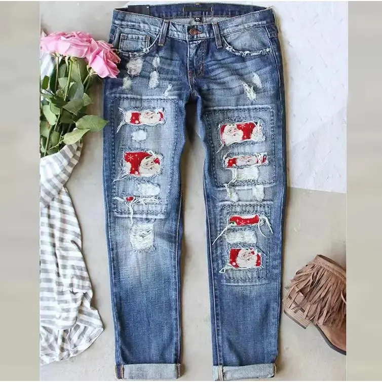 2025 New Winter Christmas Santa Claus Printed Denim Pants with Tear-Off Thickened Straight Long Jeans Blue Festive
