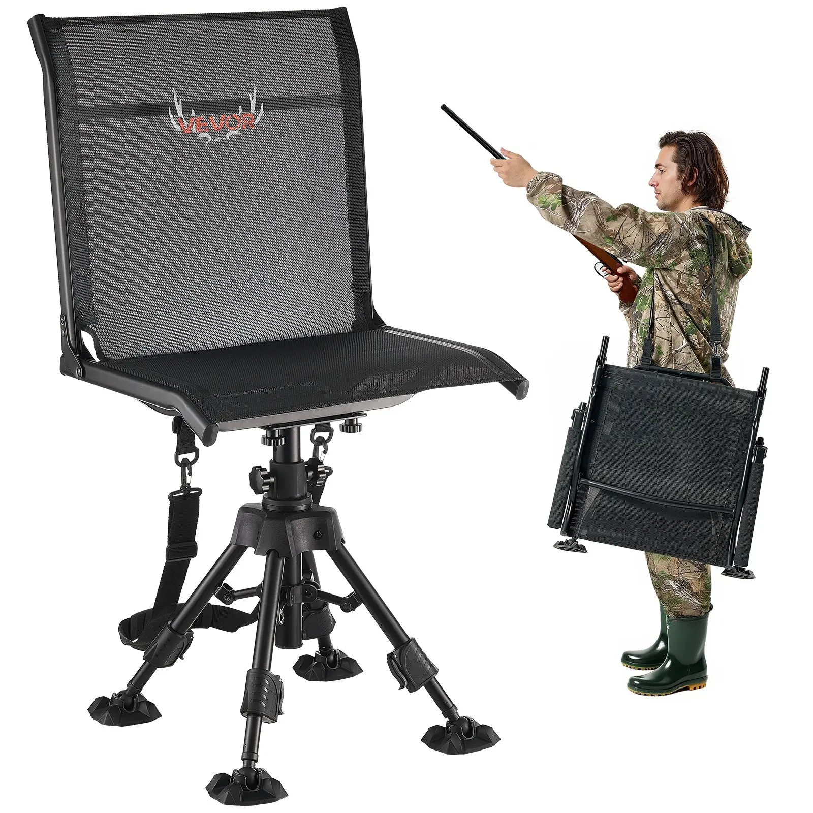 VEVOR Hunting Chair, 360 Silent Swivel, Foldable Portable Blind Chair, Heavy-Duty Steel Frame Ground Stool Seat with Anti-Sink Swivel Feet, Height Adjustable, 350 Lbs Capacity for Fishing Camping