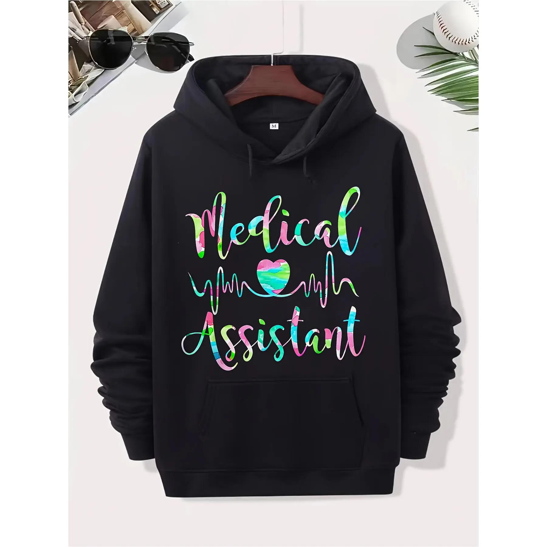 Men's & Women's Medical EKG Heart & Stethoscope Print Tops - Cotton-Poly Fabric Sweatshirts, Pullover Hoodie with Kangaroo Pocket for Healthcare Workers (Black)