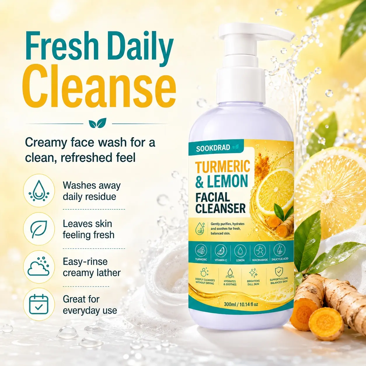 Turmeric and lemon facial cleanser, contains turmeric, lemon, vitamin C, niacinamide, salicylic acid, deep cleanses without drying, hydrates, soothes, brightens dull skin, supports clear balanced