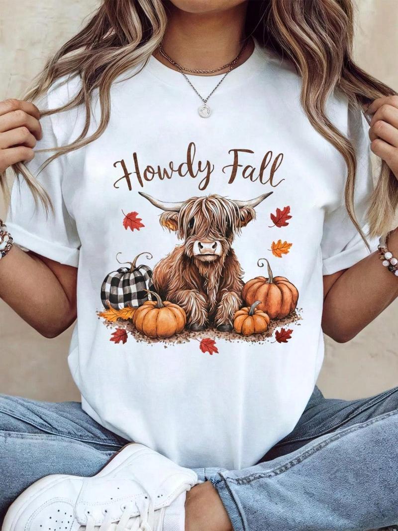 Thanksgiving Graphic Women T Shirt Howdy Fall Highland Cow Happy Thanksgiving Autumn Vibes Fall T-Shirt
