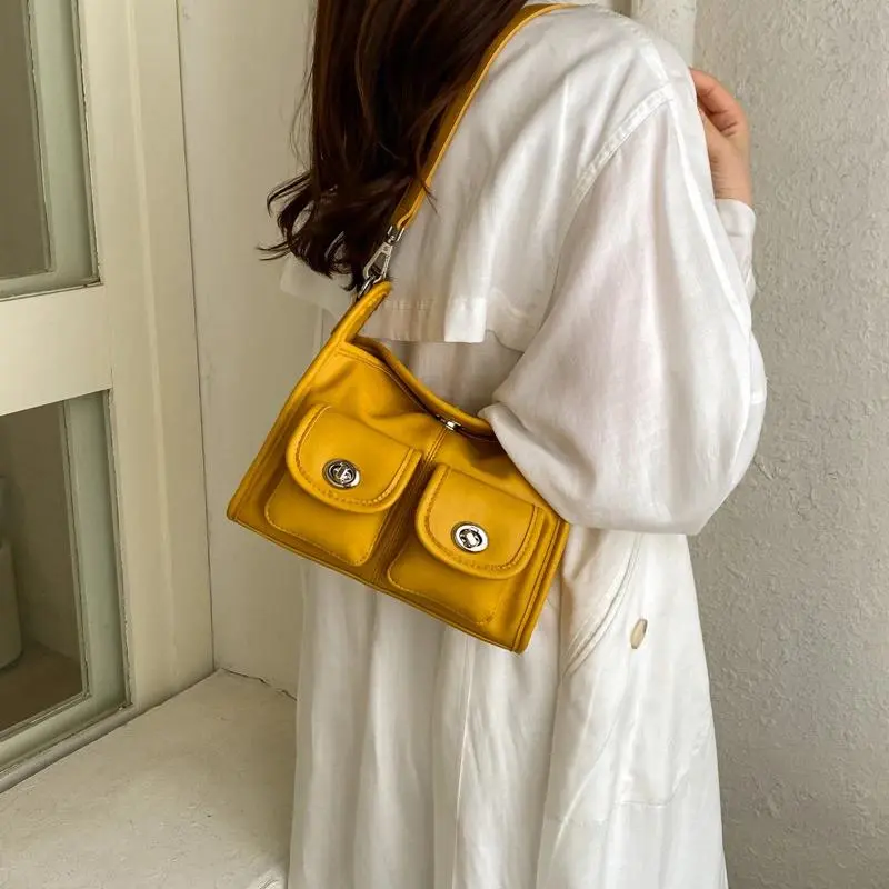 Korean Style Double Pocket Underarm Bag Fashionable Shoulder Crossbody Handbag Daily Commuter Purse Women Solid Color Streetwear