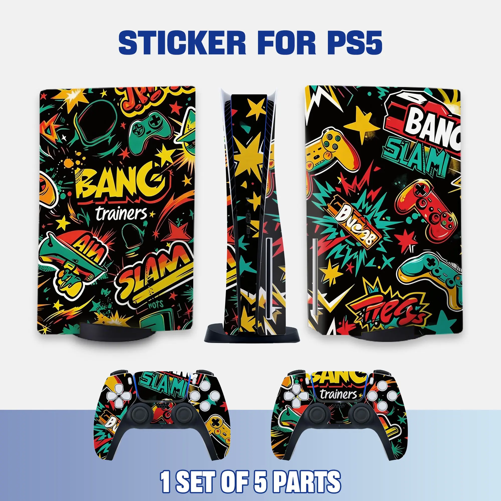Retro Gaming Graffiti Skin Decal for PS5, Removable No Residue Vinyl Sticker, Console & 2 Controllers Protective Wrap