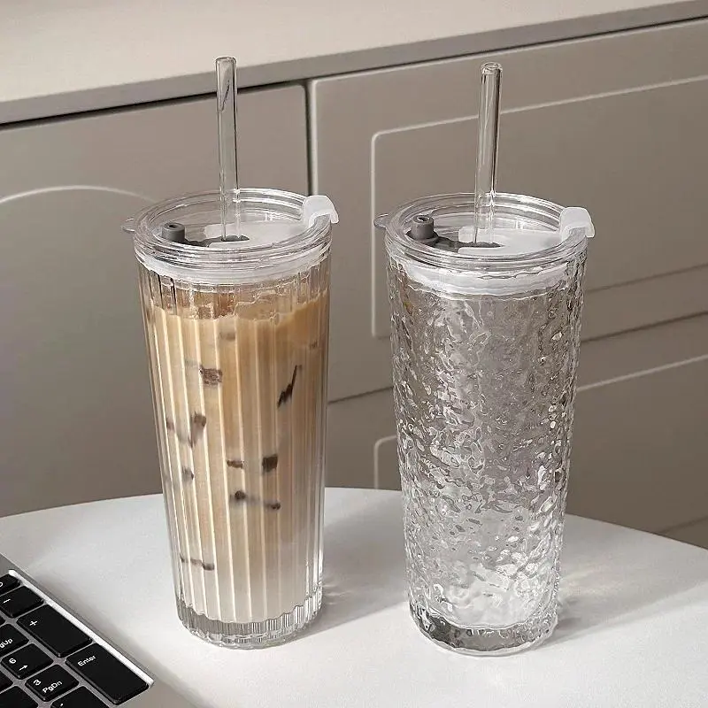 Large capacity straw cup summer high-value women's office with cover glass cup lemonade cup juice coffee cup