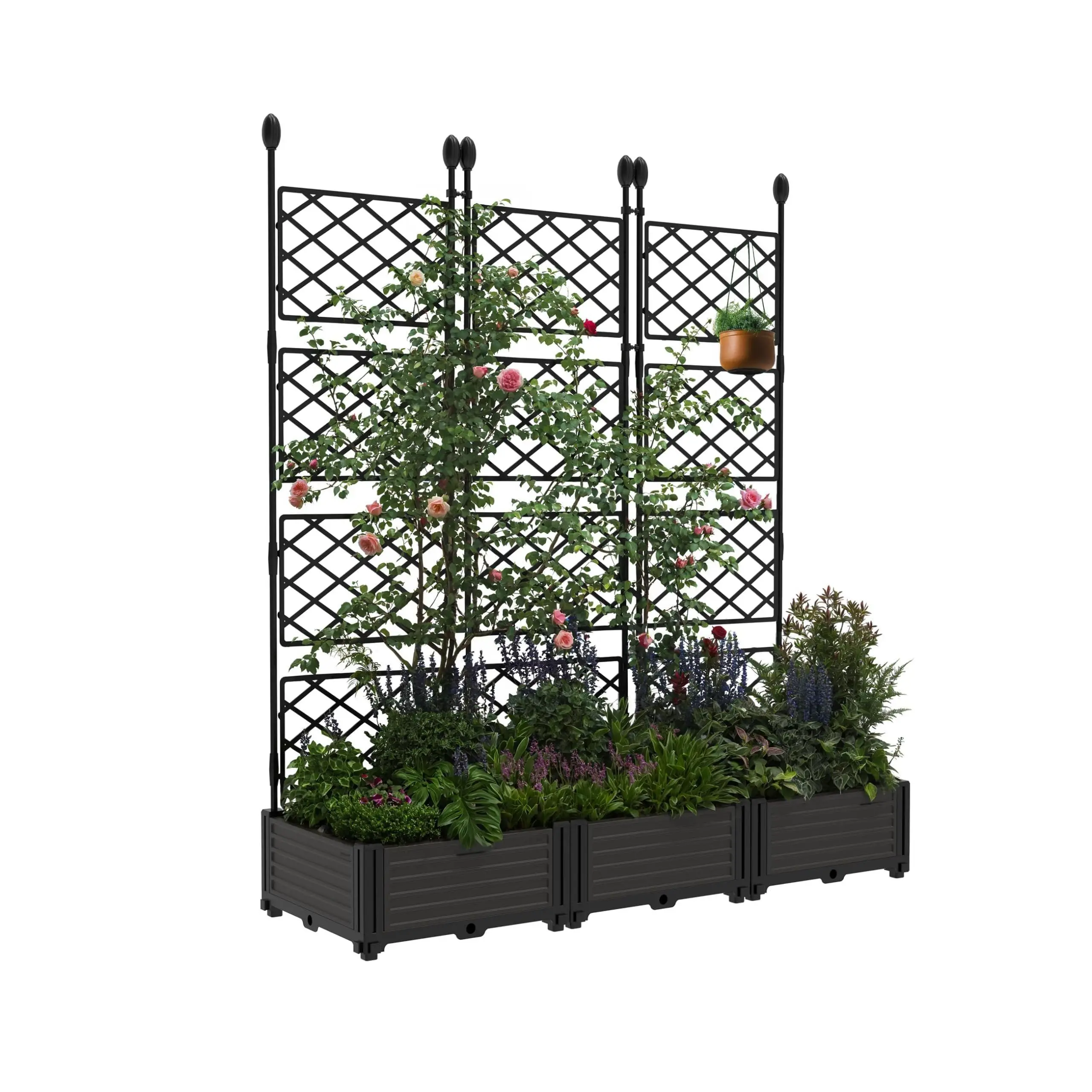 16-in x 16-in 3-in-1 Modular Raised Garden Bed Kit with Premium Heavy-Duty Planter Boxes, Sleek Black Metal Trellis Panels & Instant Privacy Screen for Balcony, Deck, Ideal for Ivy, Strawberries, Cucumbers Climbing Plants