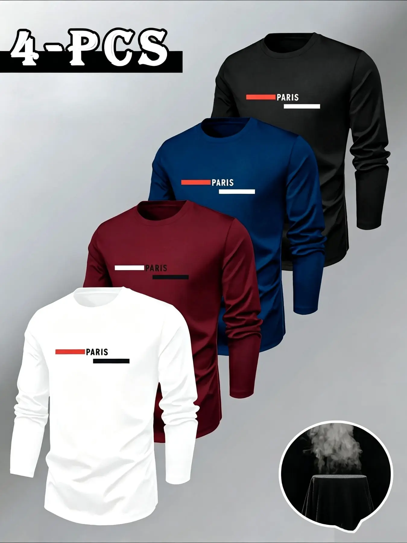 4-Pack Men's Fashion Long Sleeve T-Shirts Tops, Paris Print, Comfortable Home Wear, Breathable Fabric, Casual Style, Ideal for All Seasons