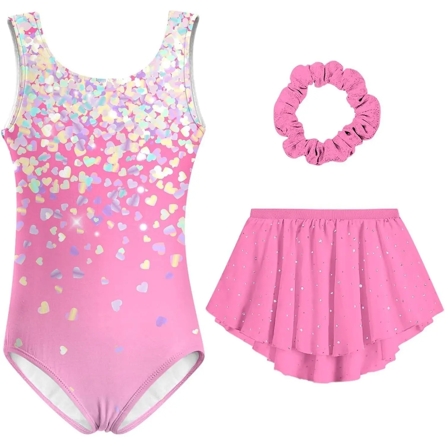 Girls' Polyester Sleeveless Gymnastic Leotard - Butterfly Print Ballet Outfit with Cutout Back, Removable Skirt, Hair Scrunchie Combo (4-11 Years)
