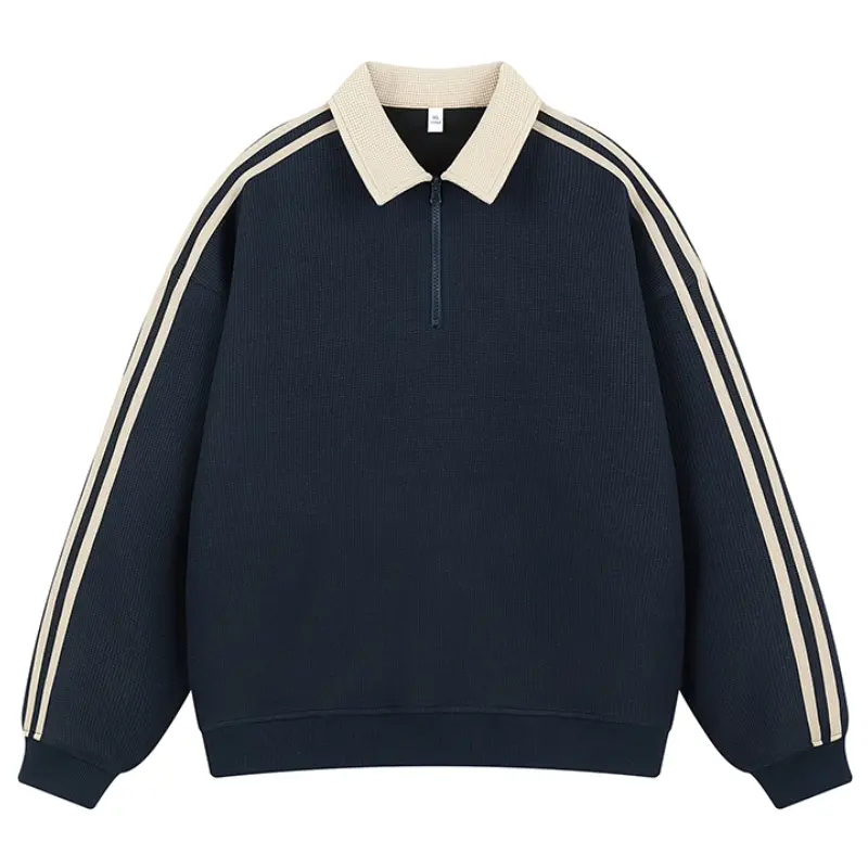Men's Contrast Collar Half Zip Sweatshirt Dual Side Striped Long Sleeve Ribbed Cuffs And Hem Polo Collar Pullover Suitable For Campus Daily Outings Casual Meetups City Walking Retro Sporty Style Autumn And Winter Fashion Tops