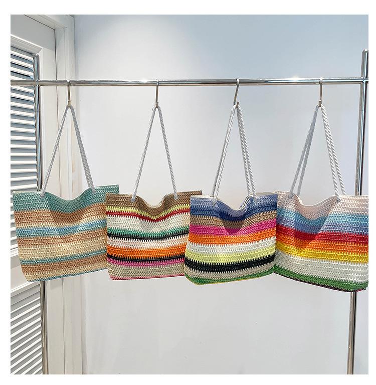 2026 New Women Fashion Shoulder Bag Rainbow Striped Color Block Straw Bag Large Capacity Beach Bag for Vacation