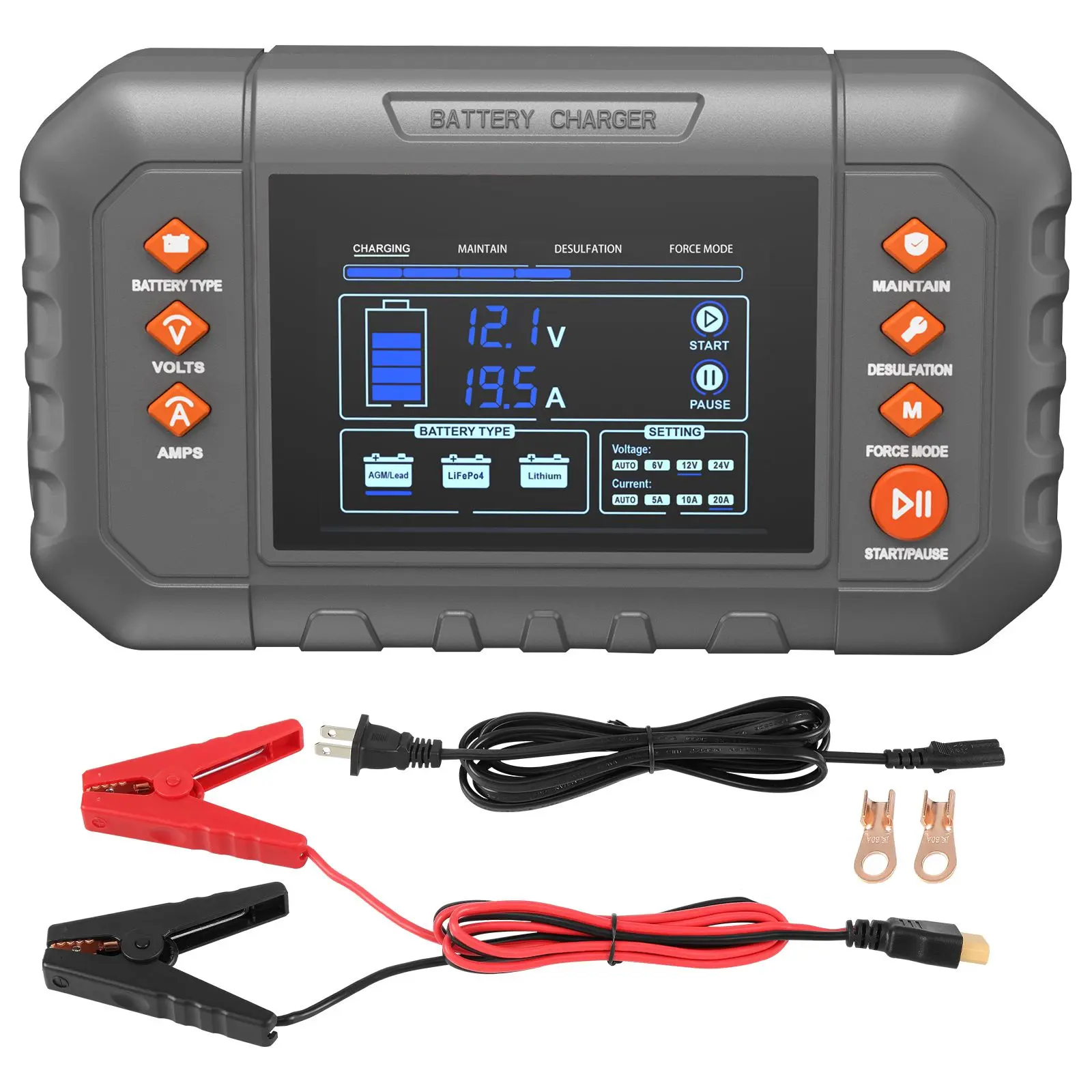 Smart Battery Charger, 20-Amp, Lithium LiFePO4 Lead-Acid (AGM / Gel / SLA) Car Battery Charger with LCD Display, Trickle Charger Maintainer Desulfator for Boat Motorcycle Lawn Mower Deep Cycle
