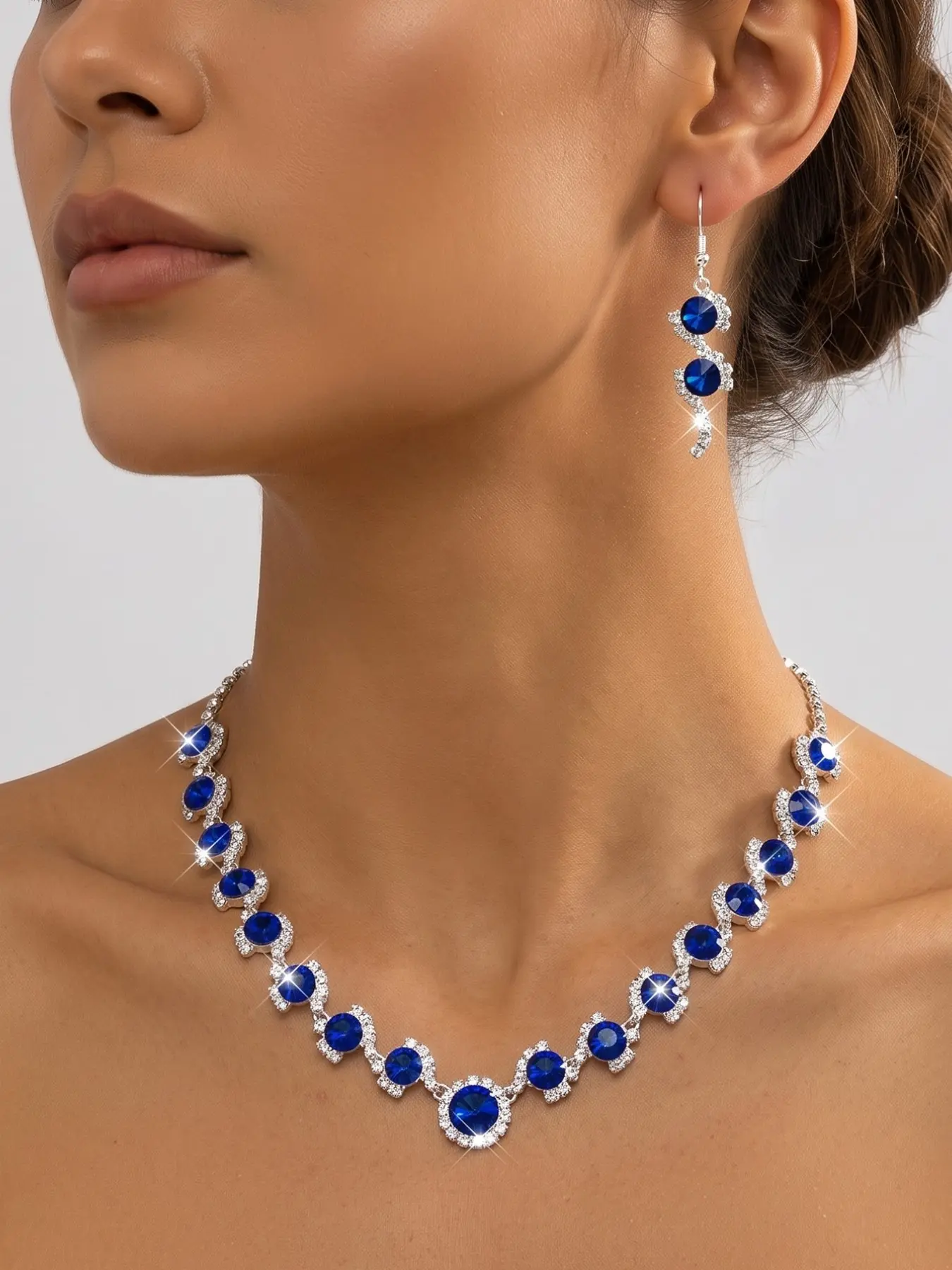 2Pcs Silver Royal Blue Sapphire Crystal Jewelry Set for Women, S-Curve Wave Tennis Necklace Dangle Drop Earrings Pack, Prom Wedding Bridal Evening Party Accessories