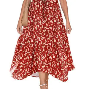 Long Skirts for Women High Waist A Line Skirt Casual Flowy Tiered Skirt with Pockets Summer Floral Boho Skirt