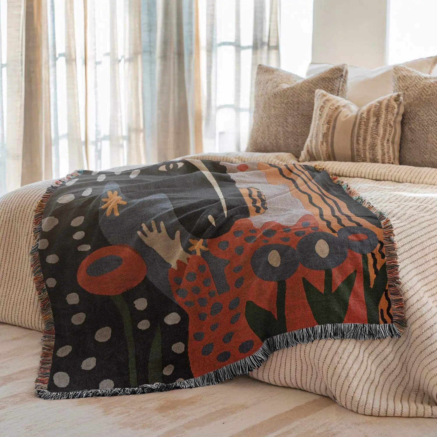 Multi-Function Tassel Woven Blanket Girl And Black Horse Pattern Bed Blanket, Graphic Throw Blanket, Sofa Cover Couch Throw Blanket Armchair Home Decor Tablecloth Shawl Outdoor Picnic Camping Beach Towel