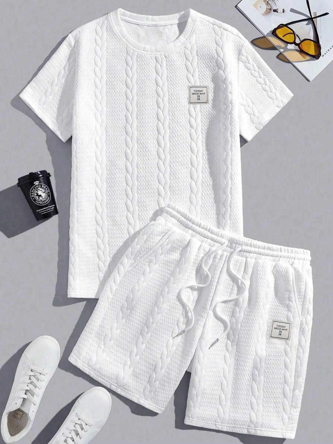 Men's Summer Fashion Textured Knit Short Sleeve Set, Comfortable Drawstring Waist Shorts 2-Piece Set, Casual Leisure + Vacation + Sports Commute